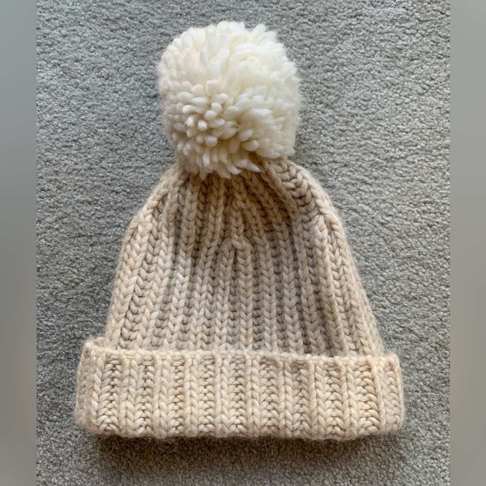 J.CREW Oversize Pom Pom Knit Beanie Cream Ivory Women Ribbed Hat Wool Blend